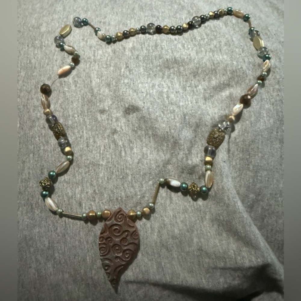 Artisan Beaded Necklace with Leaf Pendant